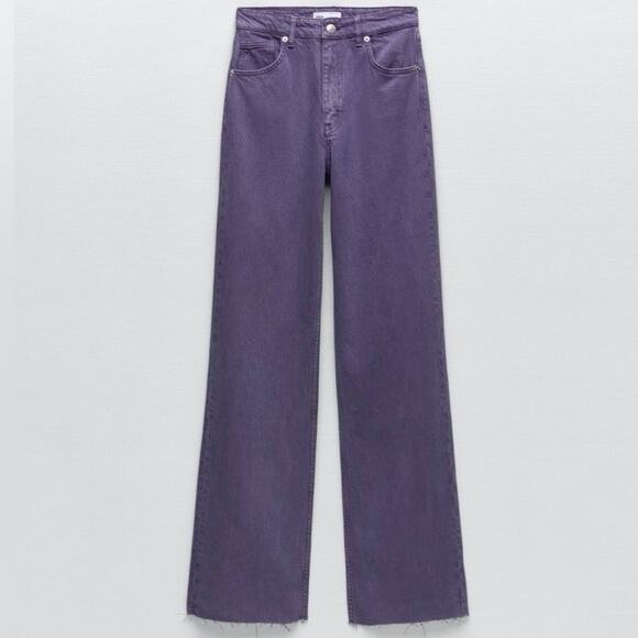 Zara Marine Straight Leg Frayed Hem Jeans In Purple - Picture 1 of 7